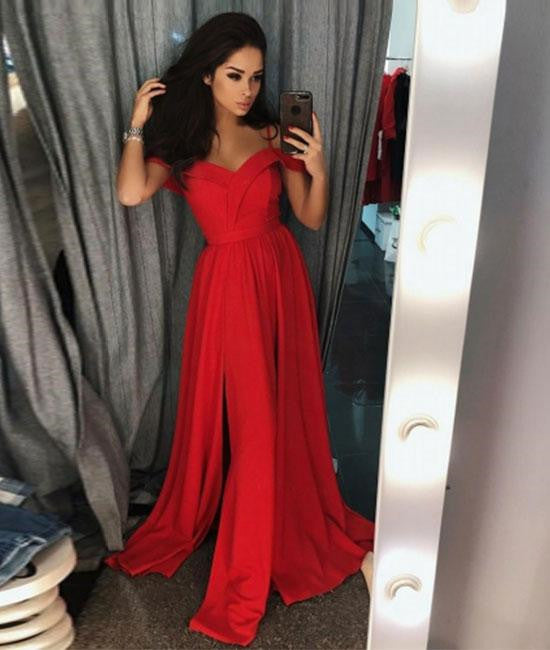 Unthony - Custom Made Off Shoulder Red Long Prom Dresses With Slit