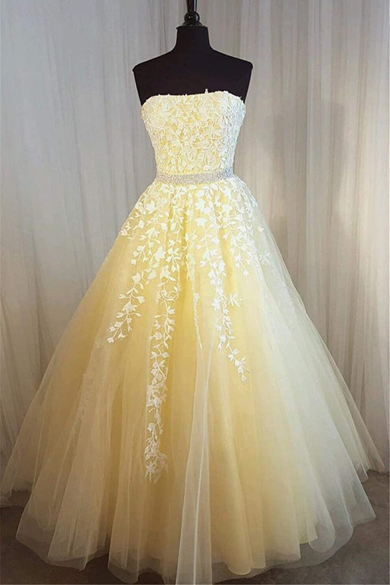 Unthony - Strapless Yellow Lace Long Prom Dress