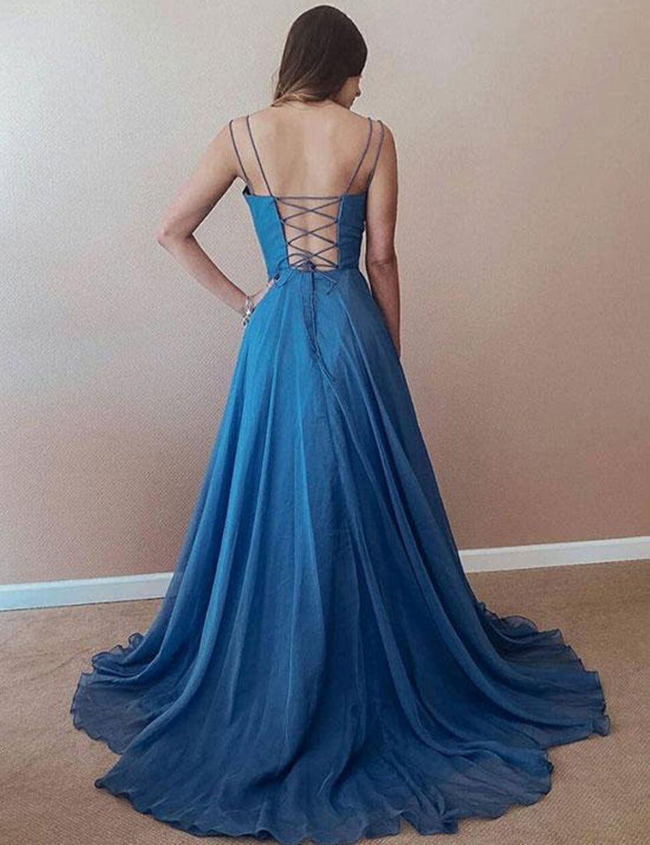 Unthony - A Line Spaghetti Straps Sweep Train Blue Chiffon Long Prom Dresses with Cross Back