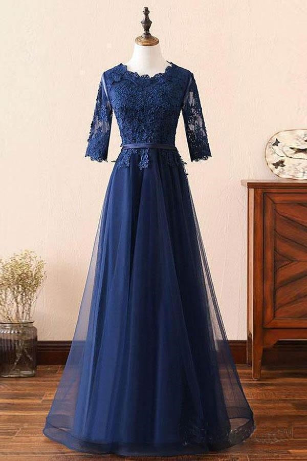 Unthony - Custom Made Long Sleeves Navy Blue Lace Prom Dress