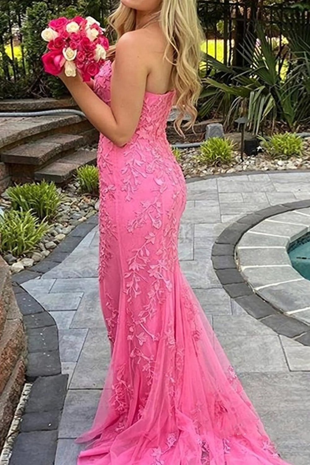 Unthony - Strapless Mermaid Yellow/Pink/Purple Lace Prom Dresses