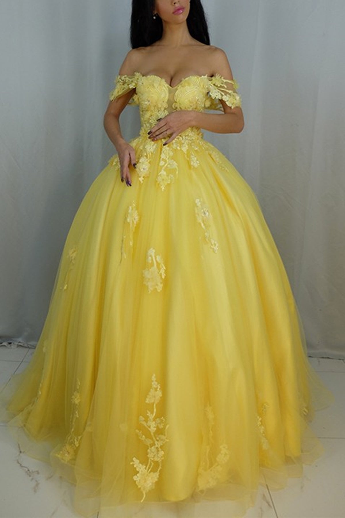 Unthony - Off Shoulder Yellow Lace Tulle Long Prom Dress