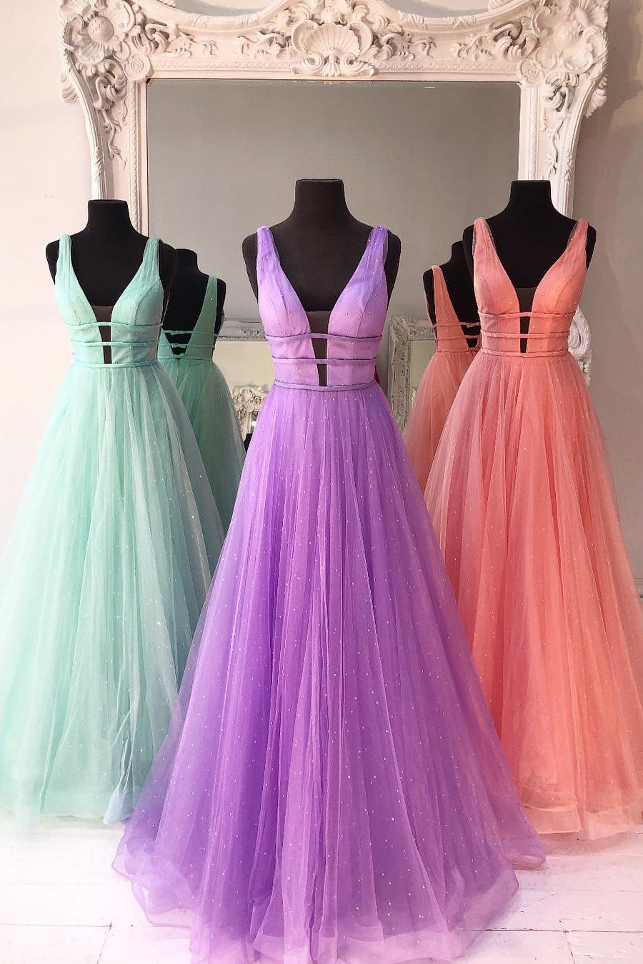 Unthony - Sparkly A Line V Neck and V Back Mint Green/Lilac/Coral Prom Dresses with Thin Belt