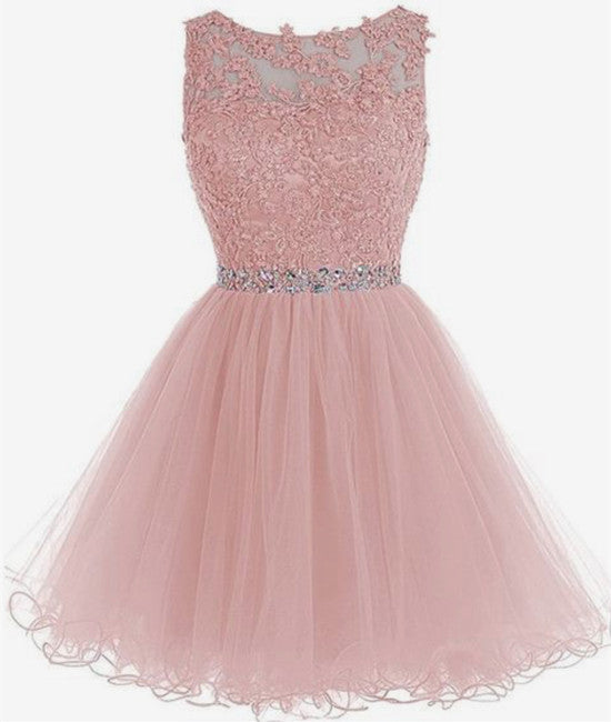 Unthony - Round Neck Lace Short Pink Prom Dresses