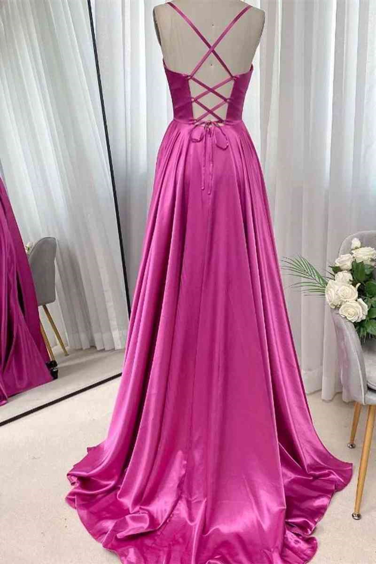 Unthony - Open Back Fuchsia Satin Ruched Long Prom Dress