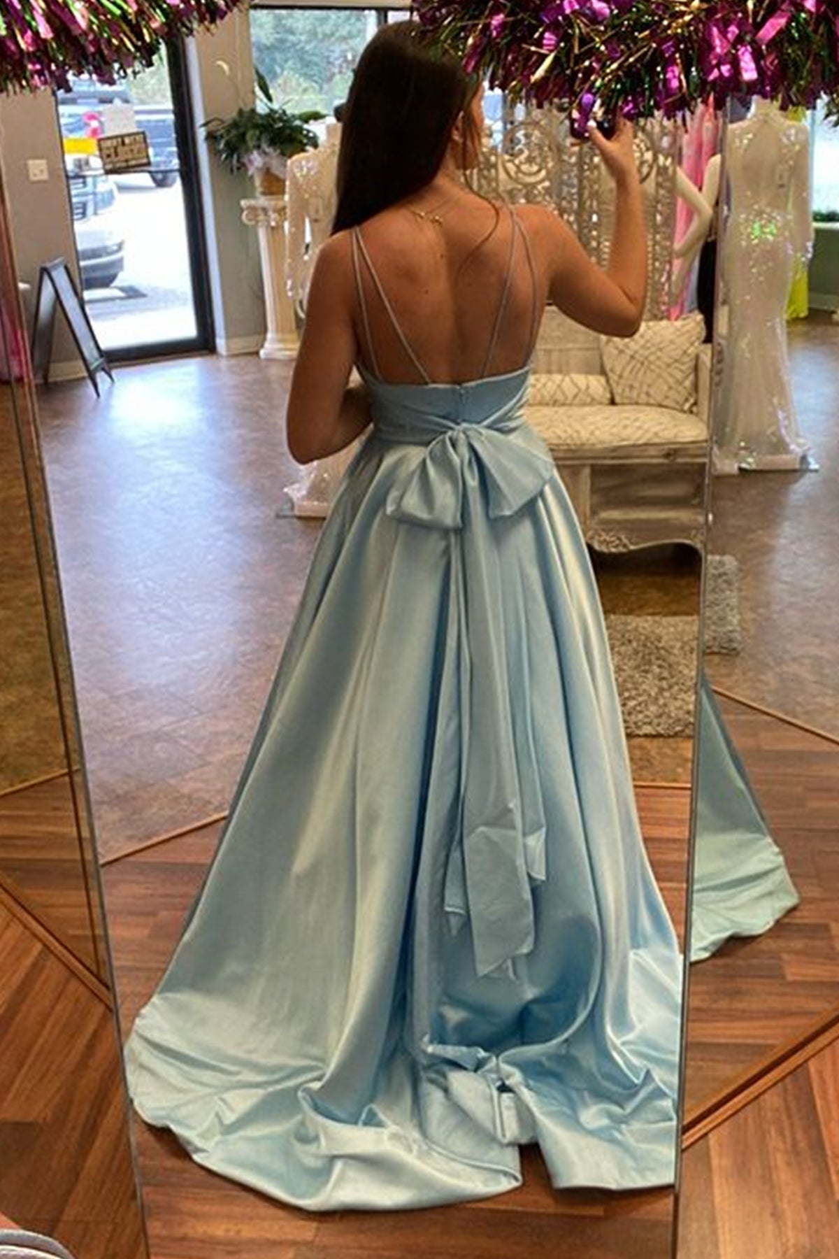 Unthony - A Line V Neck Blue Satin Long Prom Dress