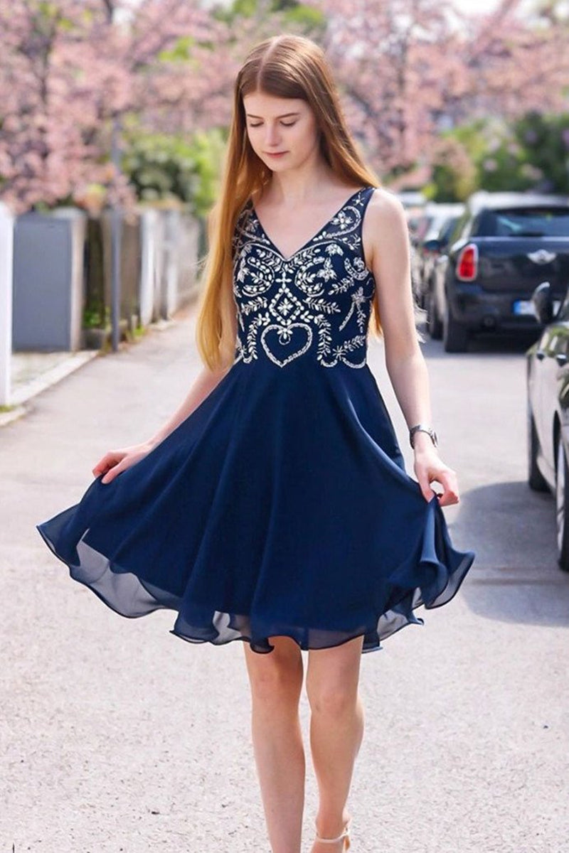 Unthony - A Line V Neck Navy Blue Short Prom Dress Homecoming Dress