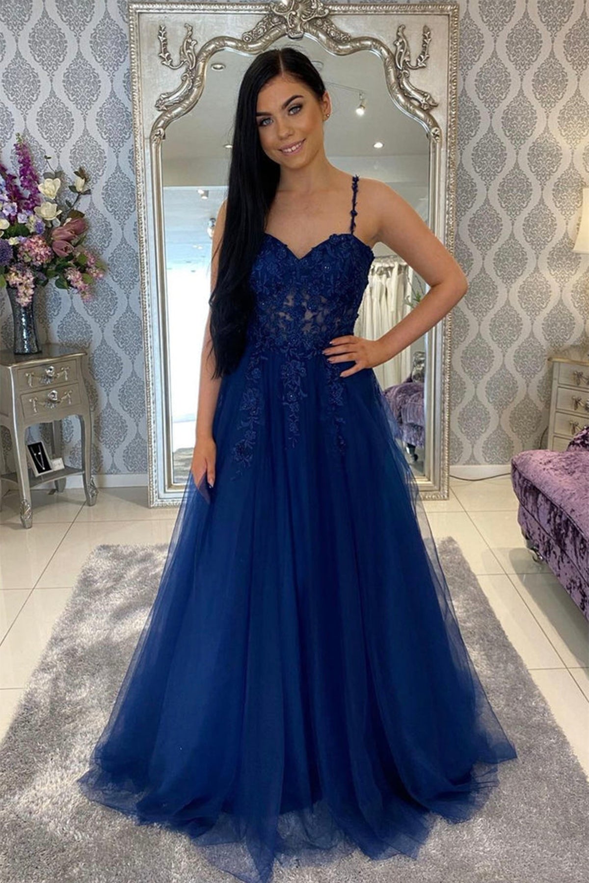 Unthony - Sweetheart Neck Blue Lace Long Prom Dress