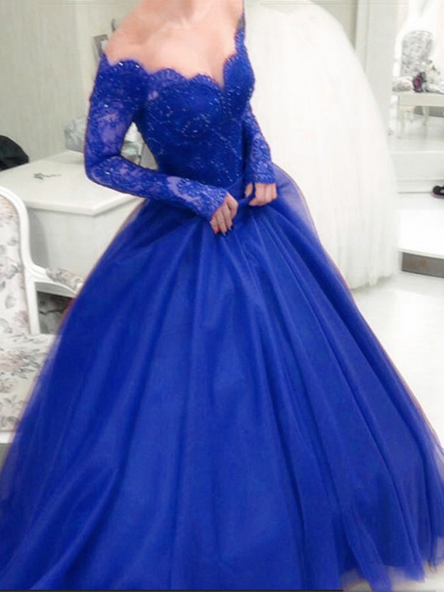 Unthony - Long Sleeves Lace Royal Blue/Burgundy Long Ball Gown
