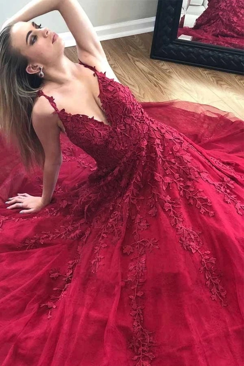 Unthony - A Line V Neck Burgundy Lace Long Prom Dress
