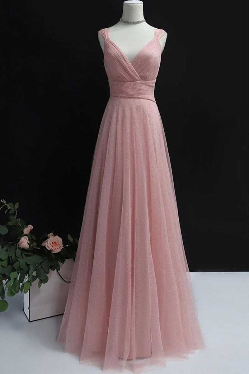 Unthony - Simple A Line V Neck Pink Tulle Long Prom Dress Bridesmaid Dress