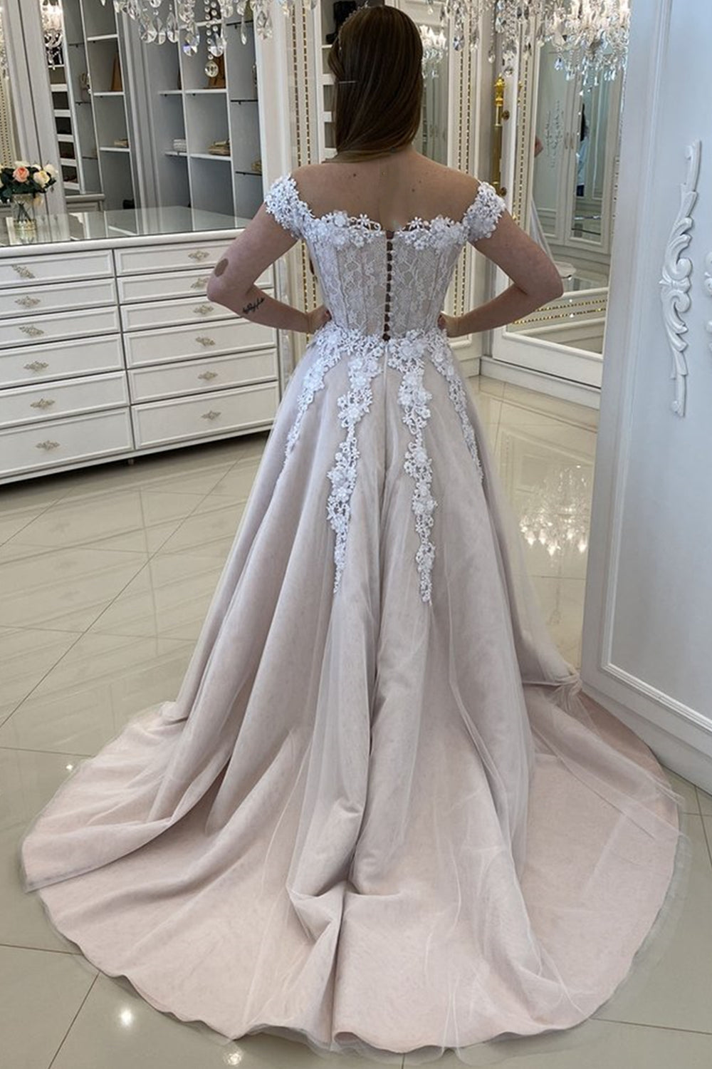 Unthony - Off Shoulder Champagne Lace Long Prom Dress