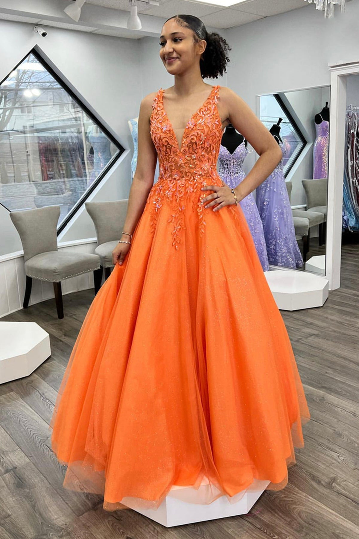 Unthony - A Line V Neck Orange Lace Long Prom Dress