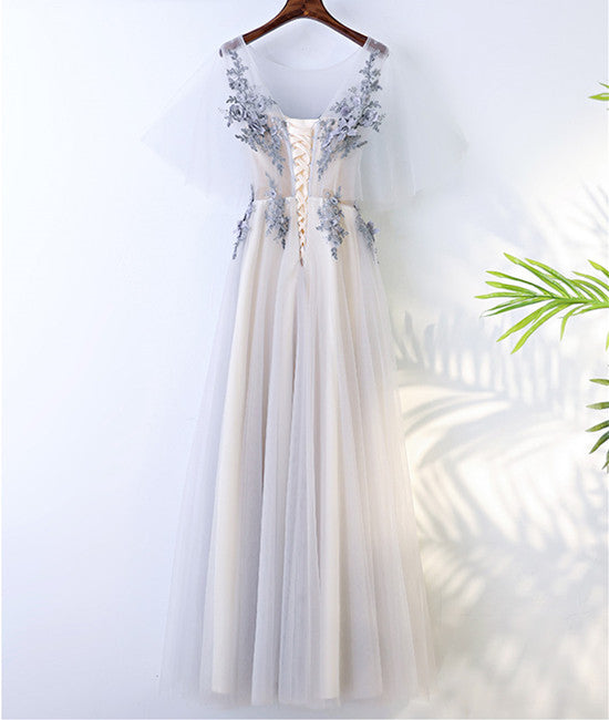 Unthony - A Line Round Neck Short Sleeves Lace Prom Dresses With Appliques