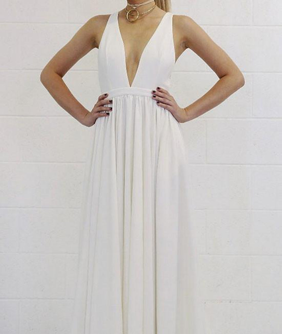 Unthony - Simple A Line V Neck Floor Length Backless White Long Prom Dresses