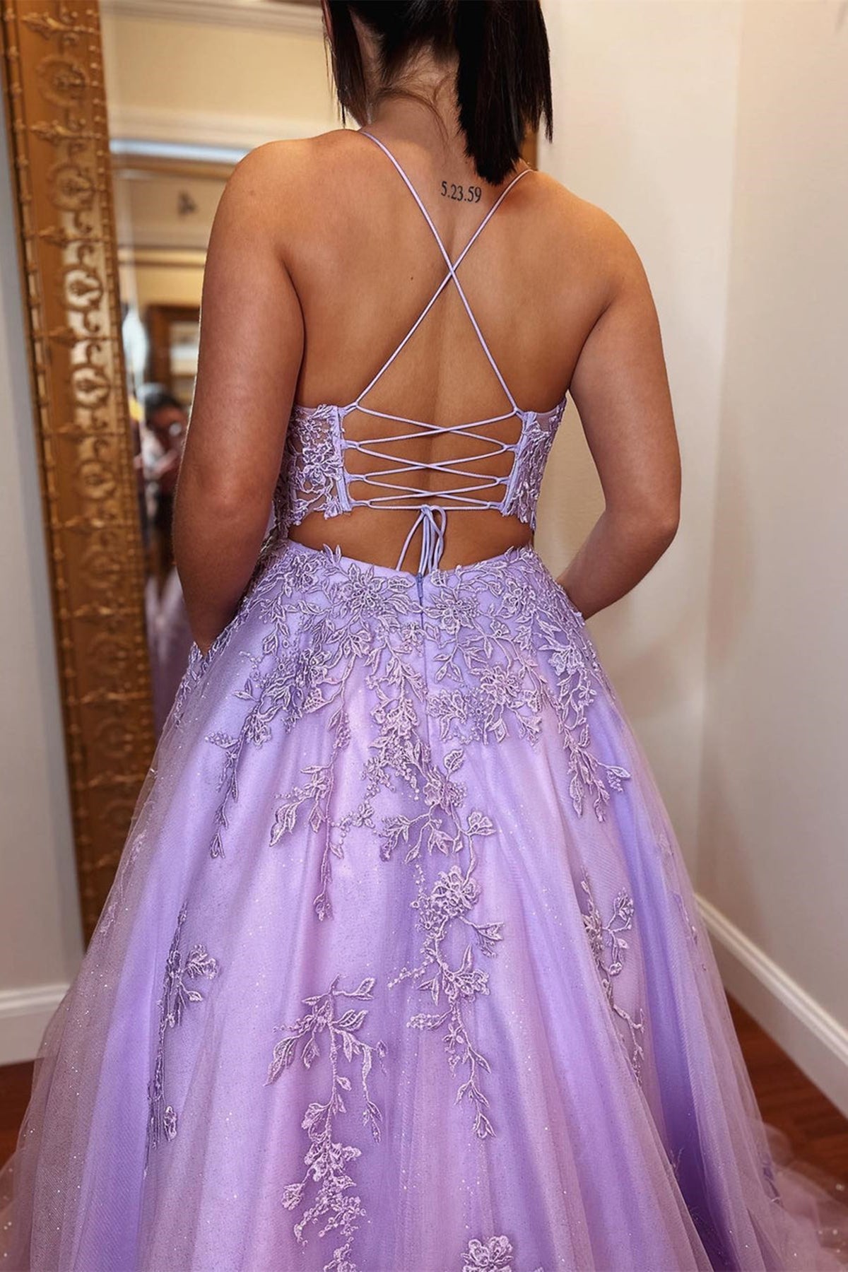 Unthony - Open Back Purple Lace Tulle Long Prom Dress