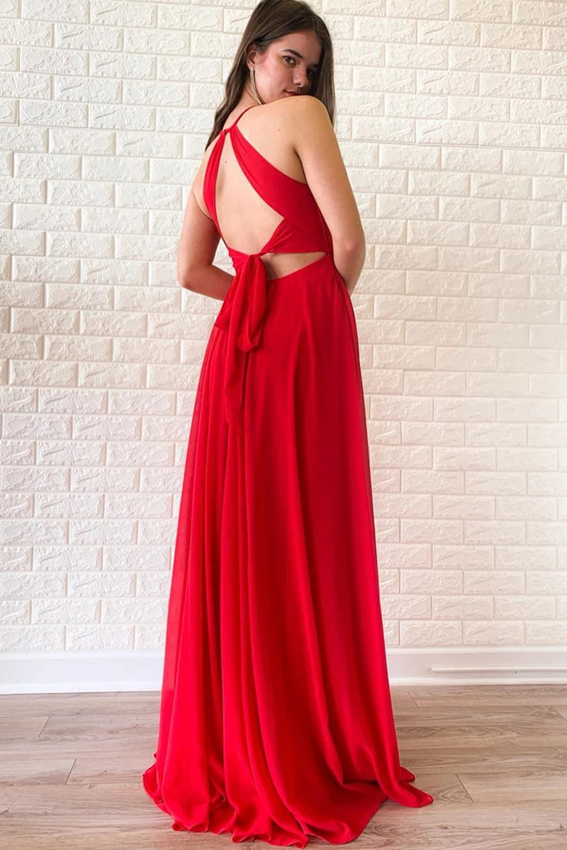 Unthony - Unique V Neck Red Chiffon Long Prom Dress with High Slit