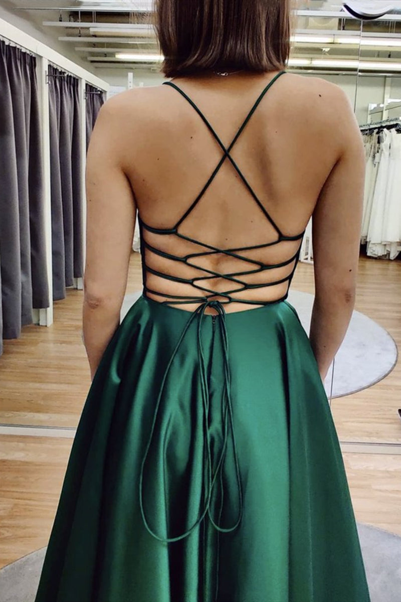 Unthony - A Line V Neck Floor Length Backless Emerald Green Satin Long Prom Dress