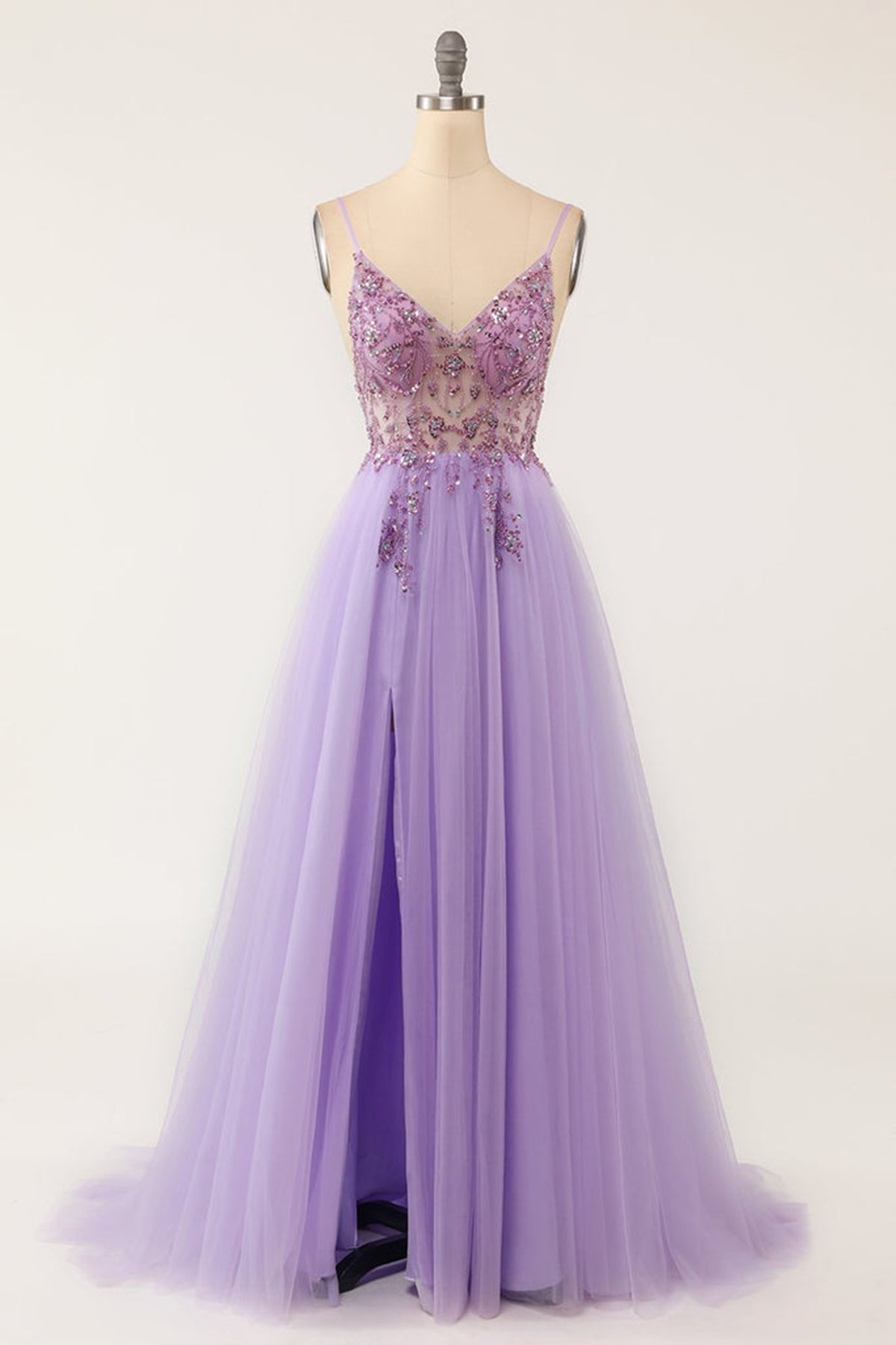 Unthony - A Line V Neck Purple Beaded Long Prom Dress with High Slit