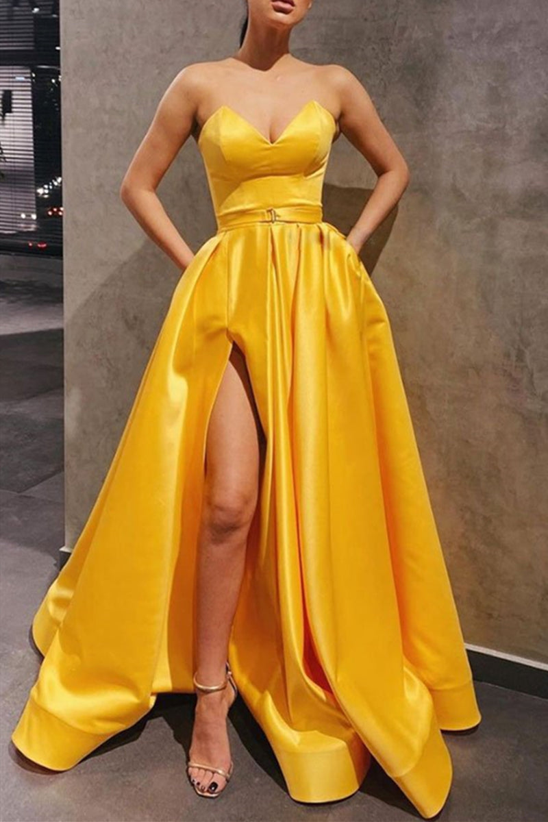 Unthony - Strapless Sweetheart Neck Yellow Satin Long Prom Dress