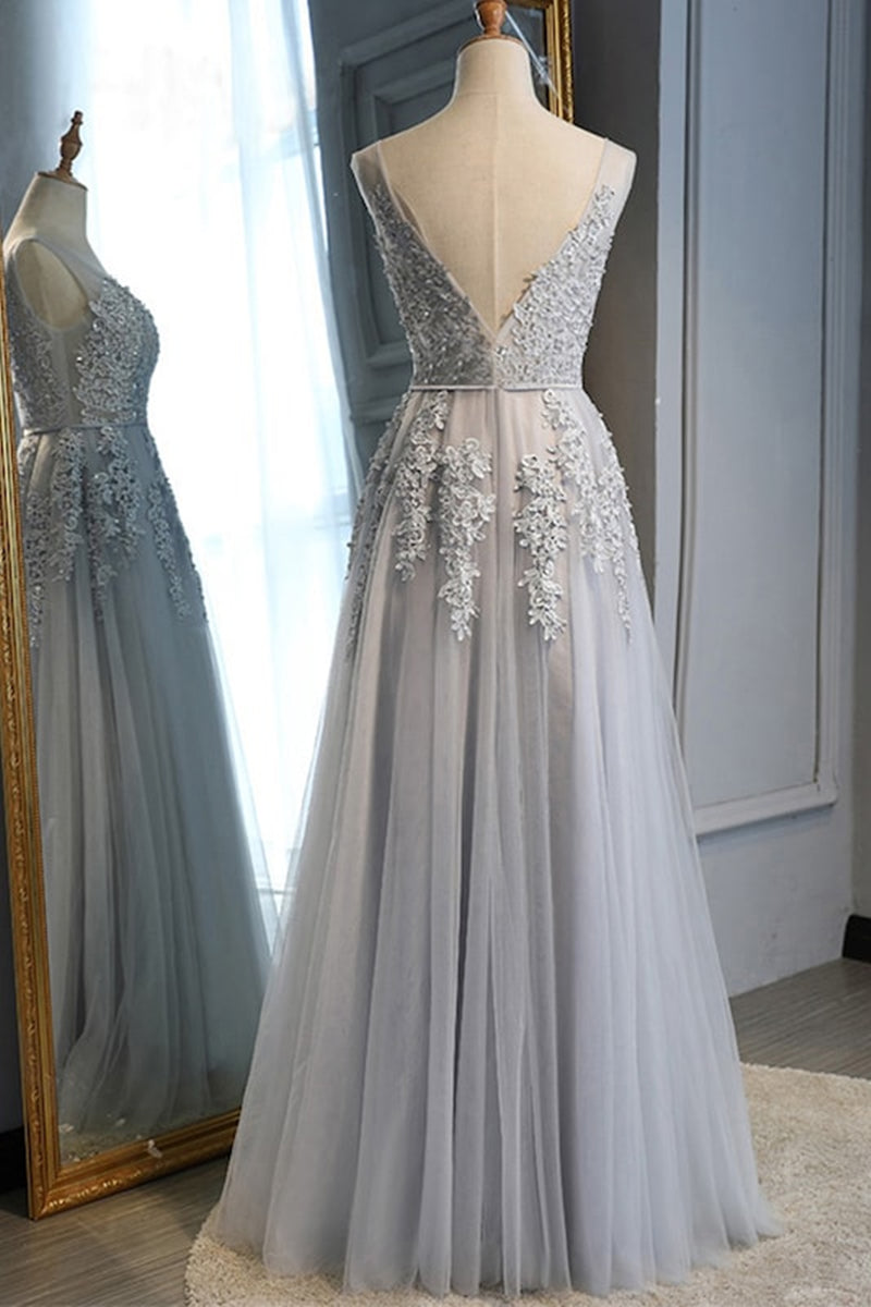 Unthony - Charming Light Gray Lace V Neck Long Prom Dress