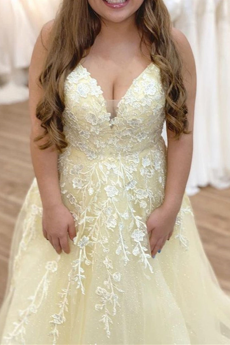 Unthony - V Neck Backless Yellow Lace Long Prom Dress