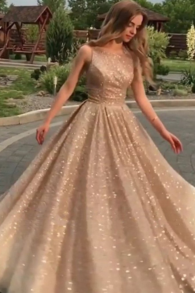 Unthony - Shiny Champagne Gold Sequins Sleeveless Long Prom Dress
