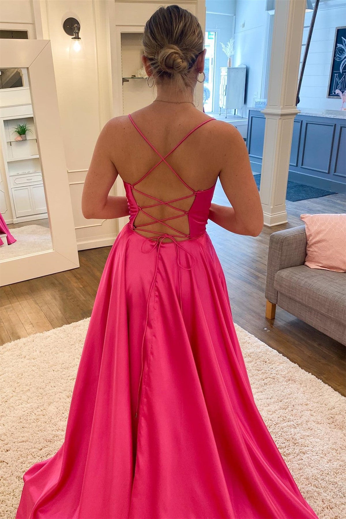 Unthony - Simple Backless Fuchsia Satin Long Prom Dress with High Slit