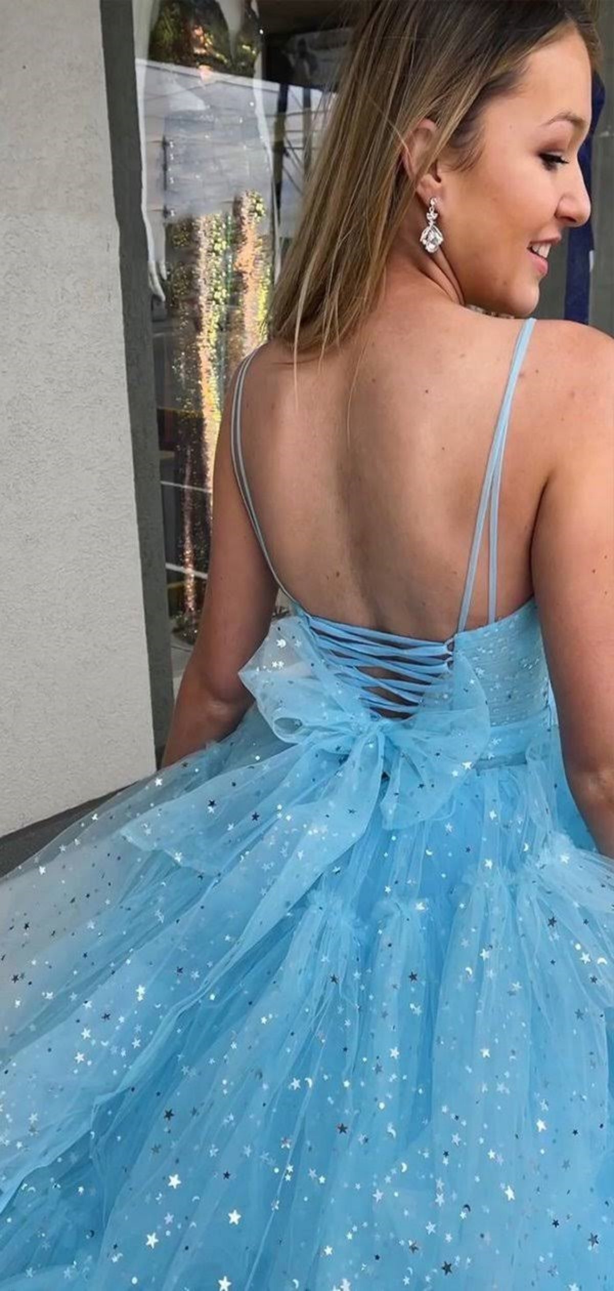 Unthony - High Low V Neck Light Blue Long Prom Dress