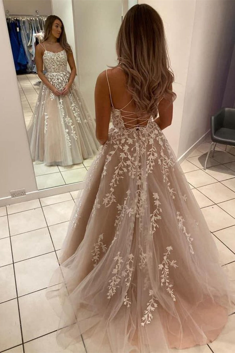 Unthony - A Line Backless Lace Long Champagne Prom Dress