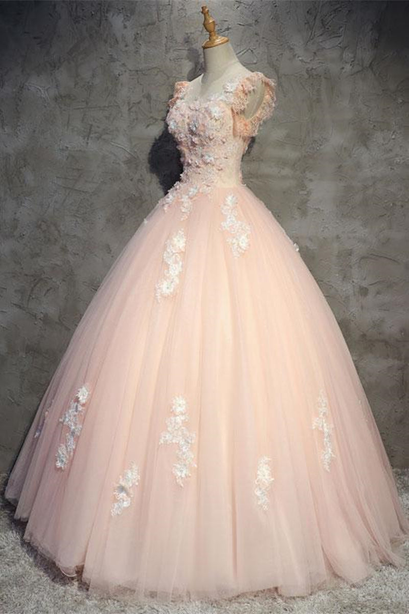 Unthony - Round Neck Cap Sleeves Lace Pink Long Prom Dress