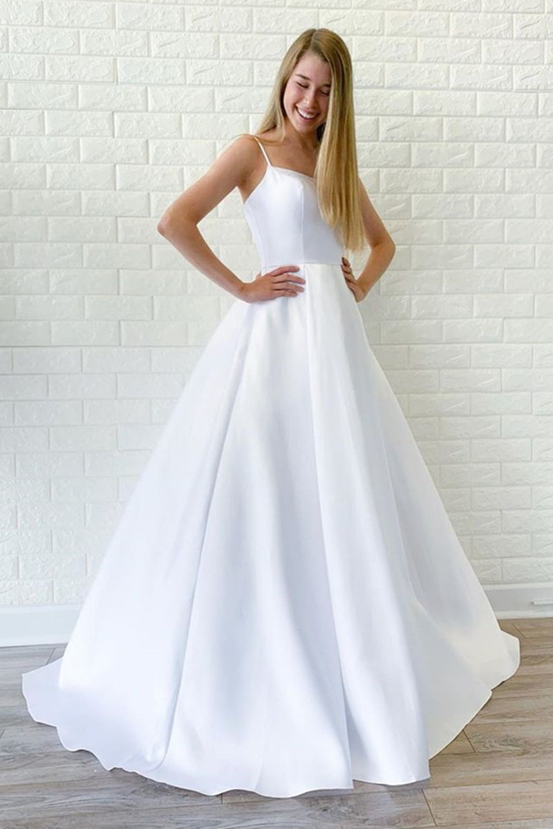 Unthony - Simple A Line White Satin Long Wedding Prom Dress