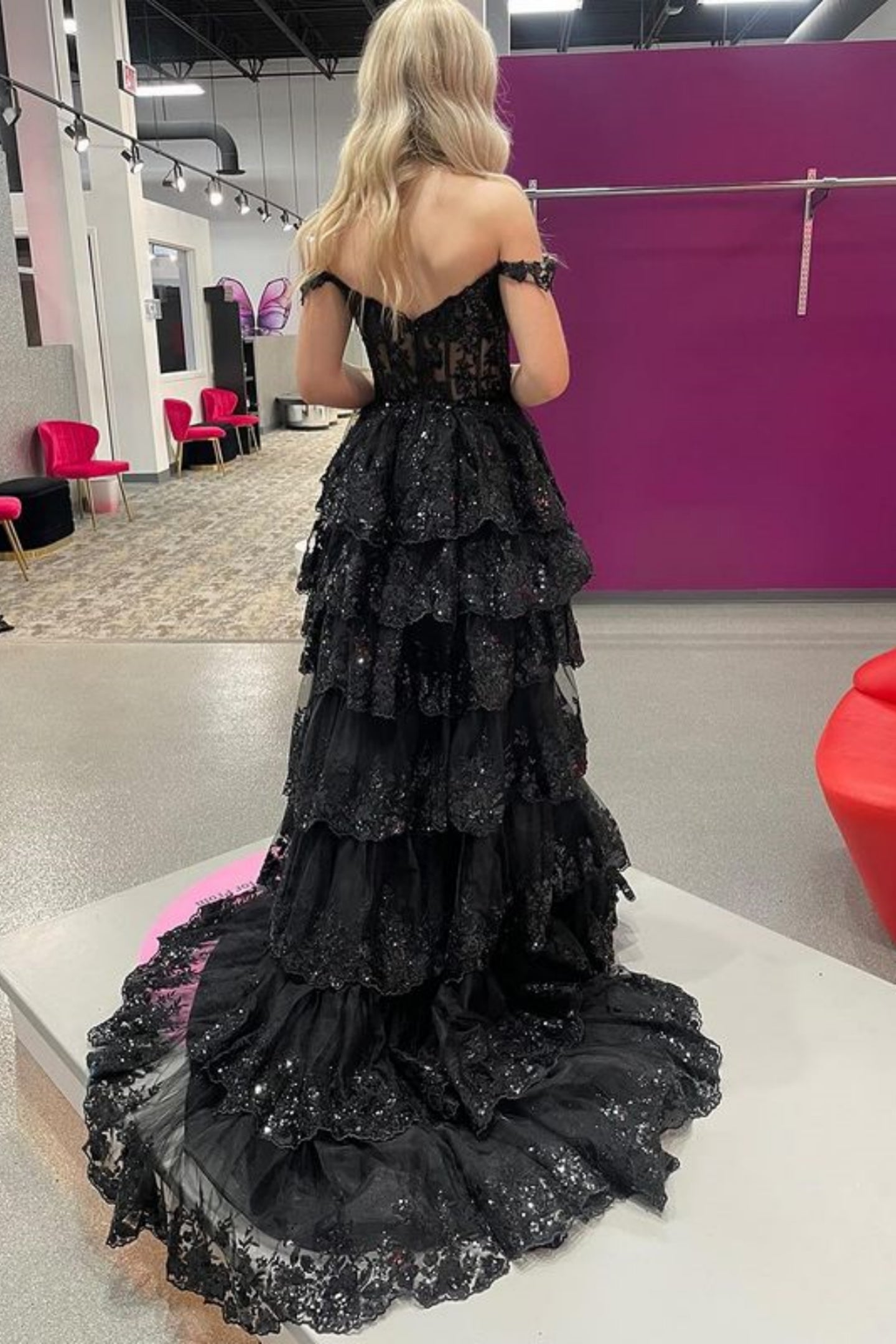 Unthony - Off Shoulder White/Black Lace Long Prom Dress with High Slit