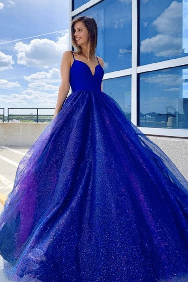Unthony - Shiny V Neck Blue Prom Dress