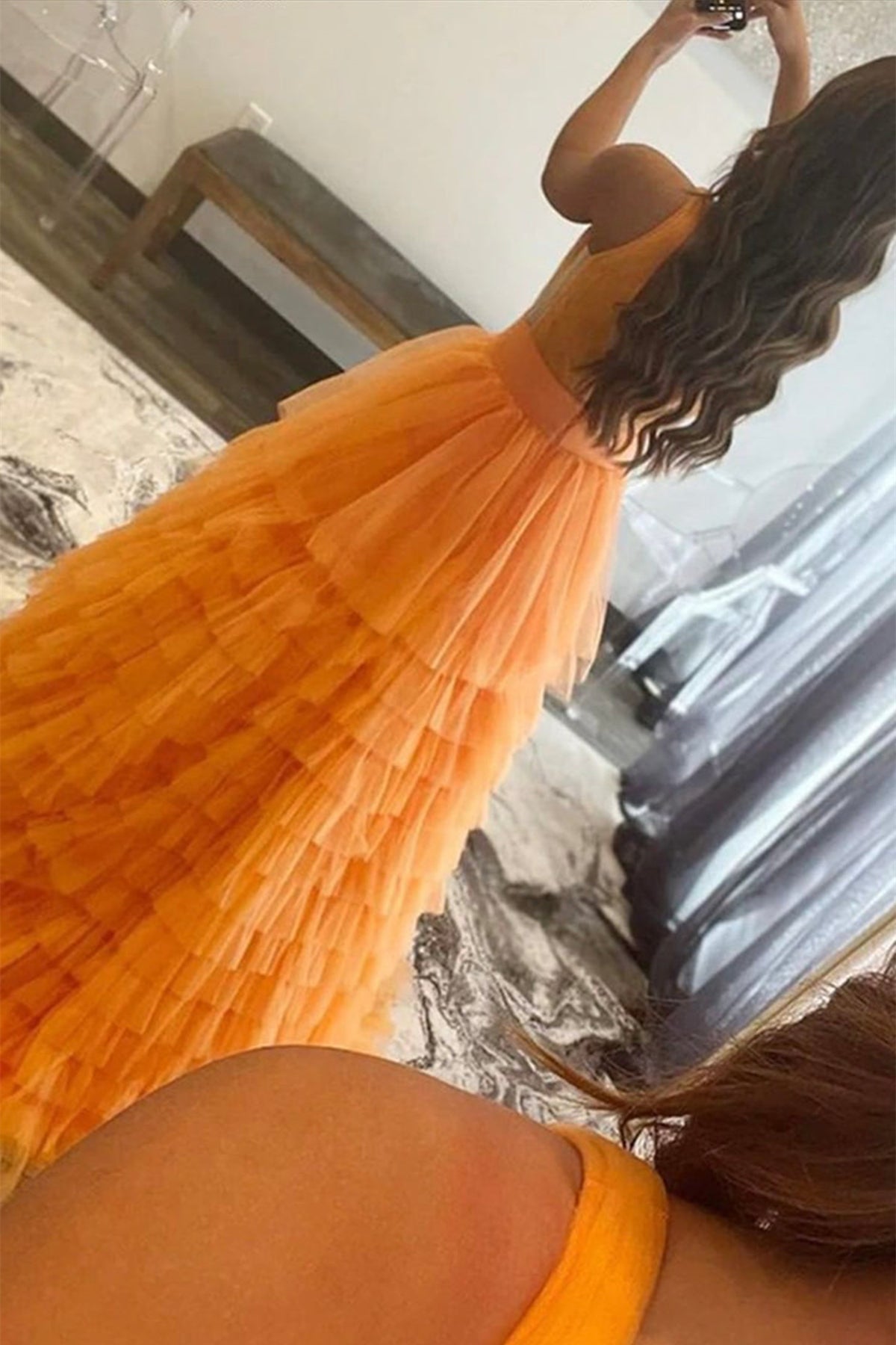 Unthony - V Neck Open Back Layered Orange Tulle Long Prom Dress