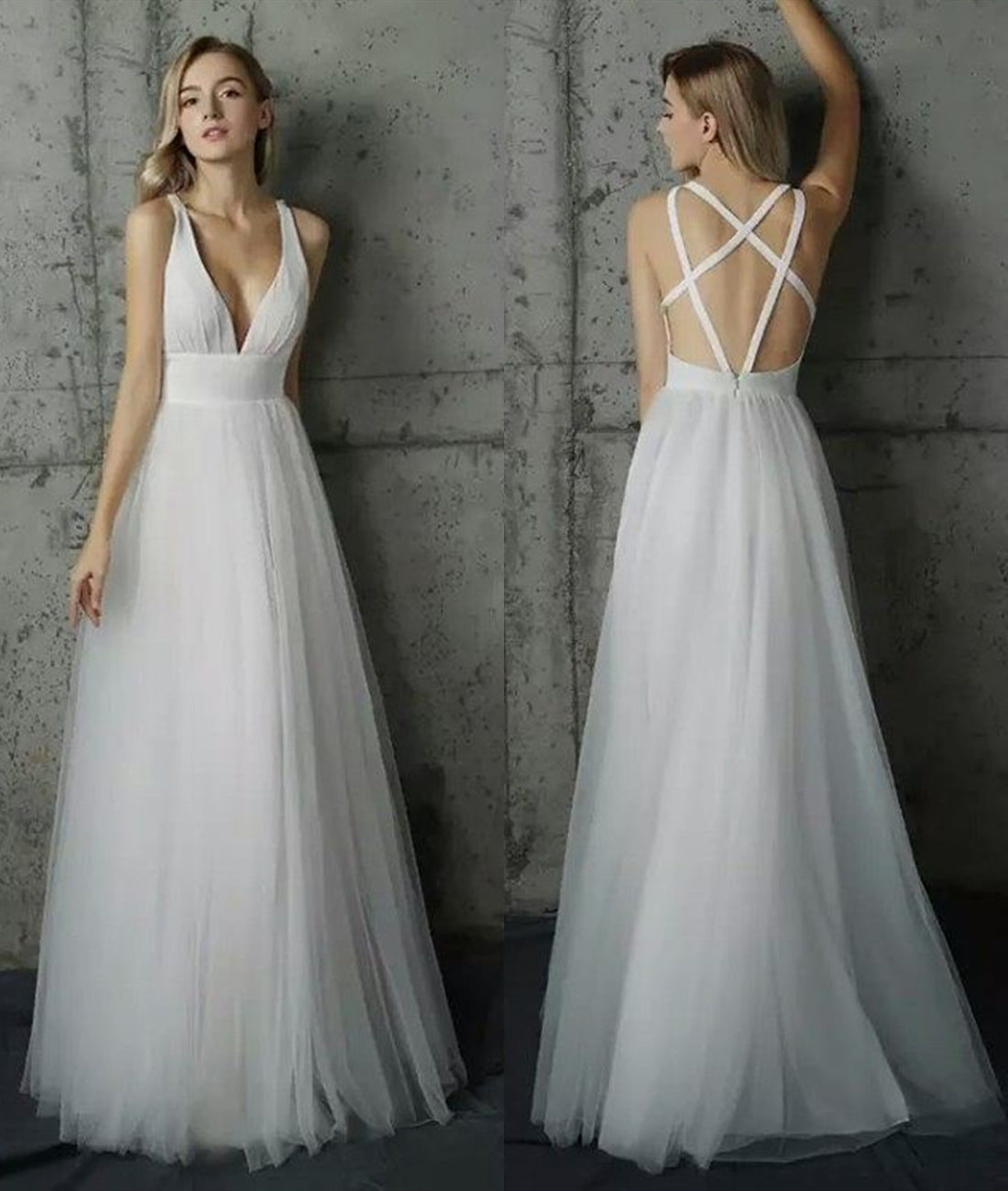 Unthony - Simple V Neck White Long Prom Dresses