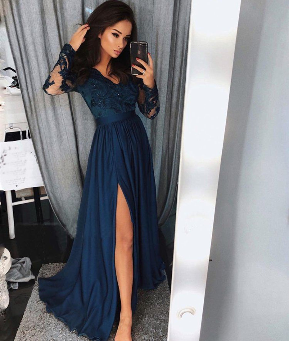 Unthony - Custom Made Blue Long Sleeves Lace Prom Dress with Leg Slit