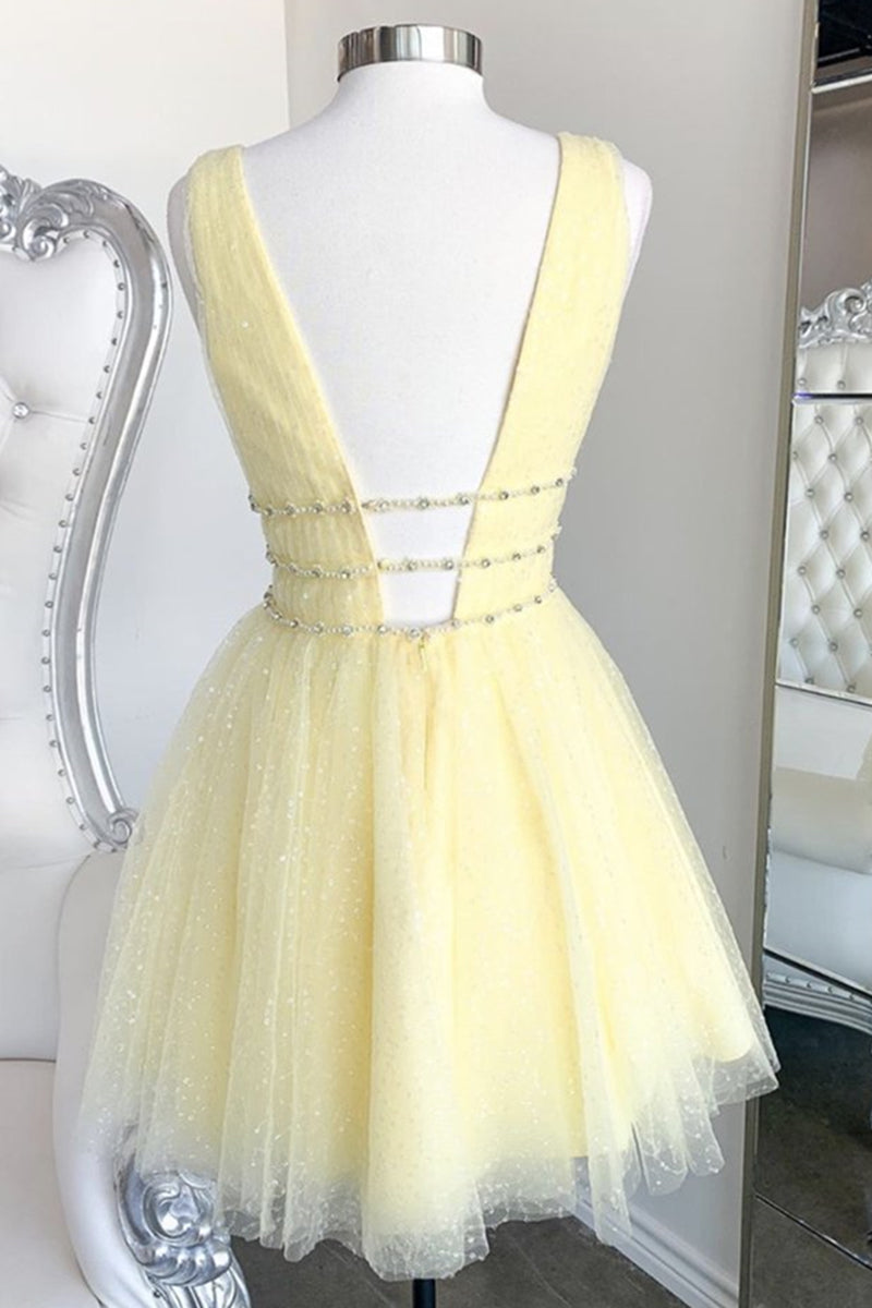 Unthony - Shiny V Neck Open Back Yellow Tulle Short Prom Dress