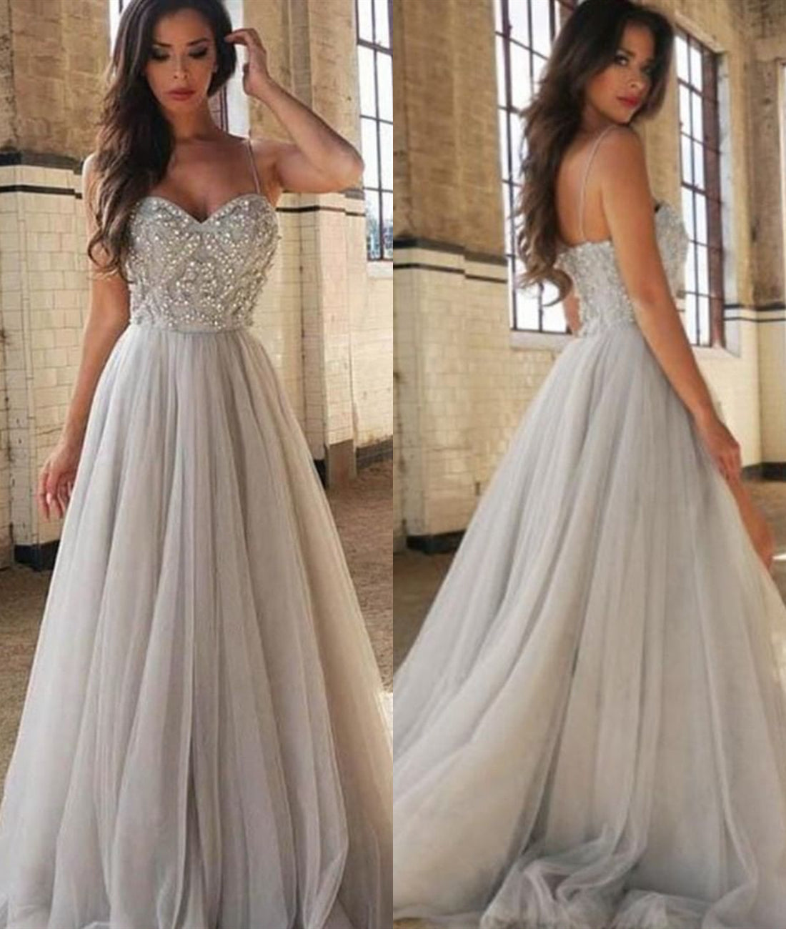 Unthony - A Line Spaghetti Straps Backless Silver Gray Tulle Long Prom Dresses