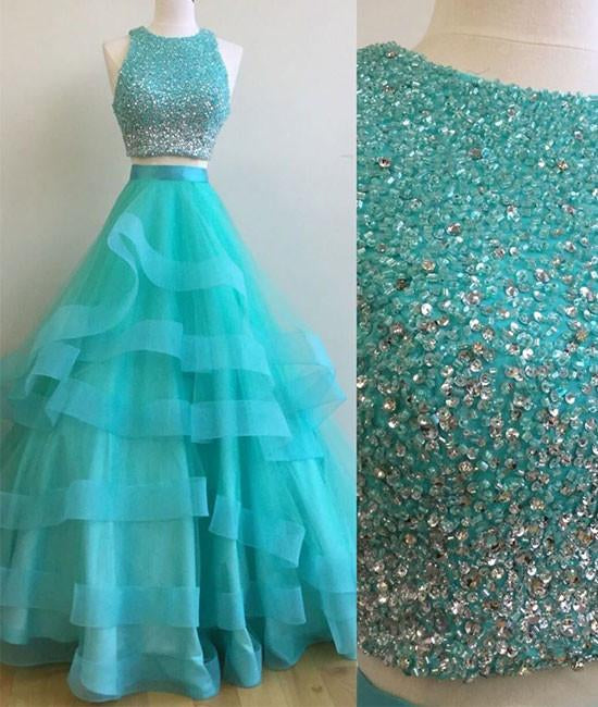 Unthony - Green Round Neck 2 Pieces Beaded Sequins Tulle Long Prom Dress