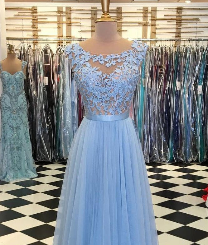 Unthony - A Line Round Neck Blue Lace Appliques Tulle Long Prom Dresses