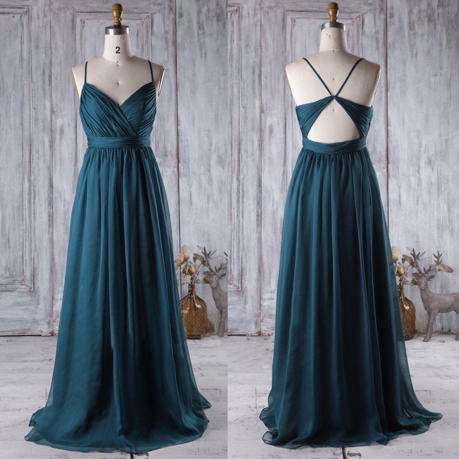Unthony - A Line V Neck Spaghetti Strap Peacock Blue Chiffon Long Prom Dress