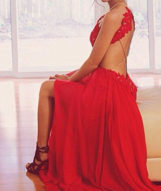 Unthony - A-Line Round Neck Red Lace Backless Prom Dresses
