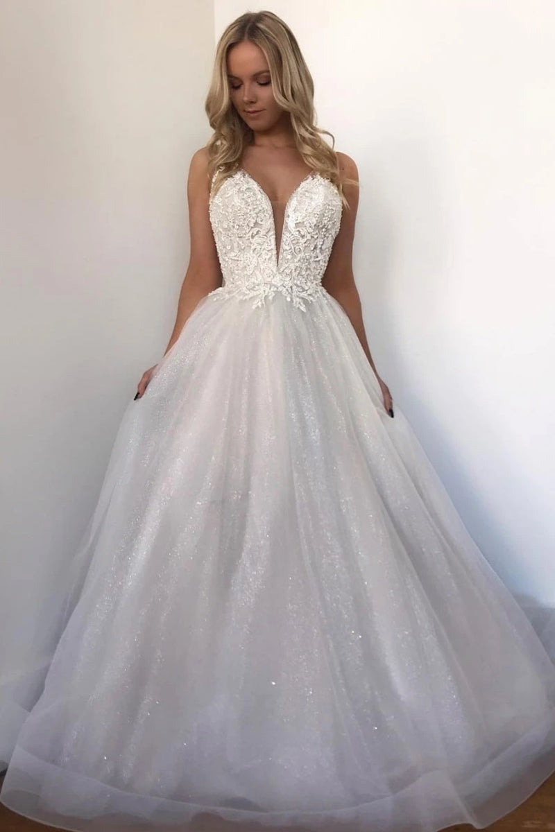 Unthony - Princess A Line V Neck Long Lace Ivory Prom Dress