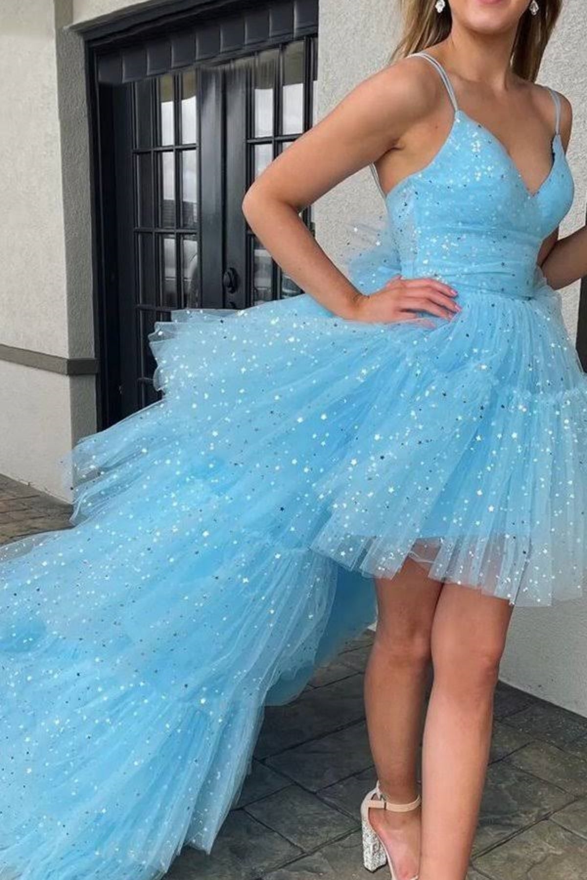 Unthony - High Low V Neck Light Blue Long Prom Dress