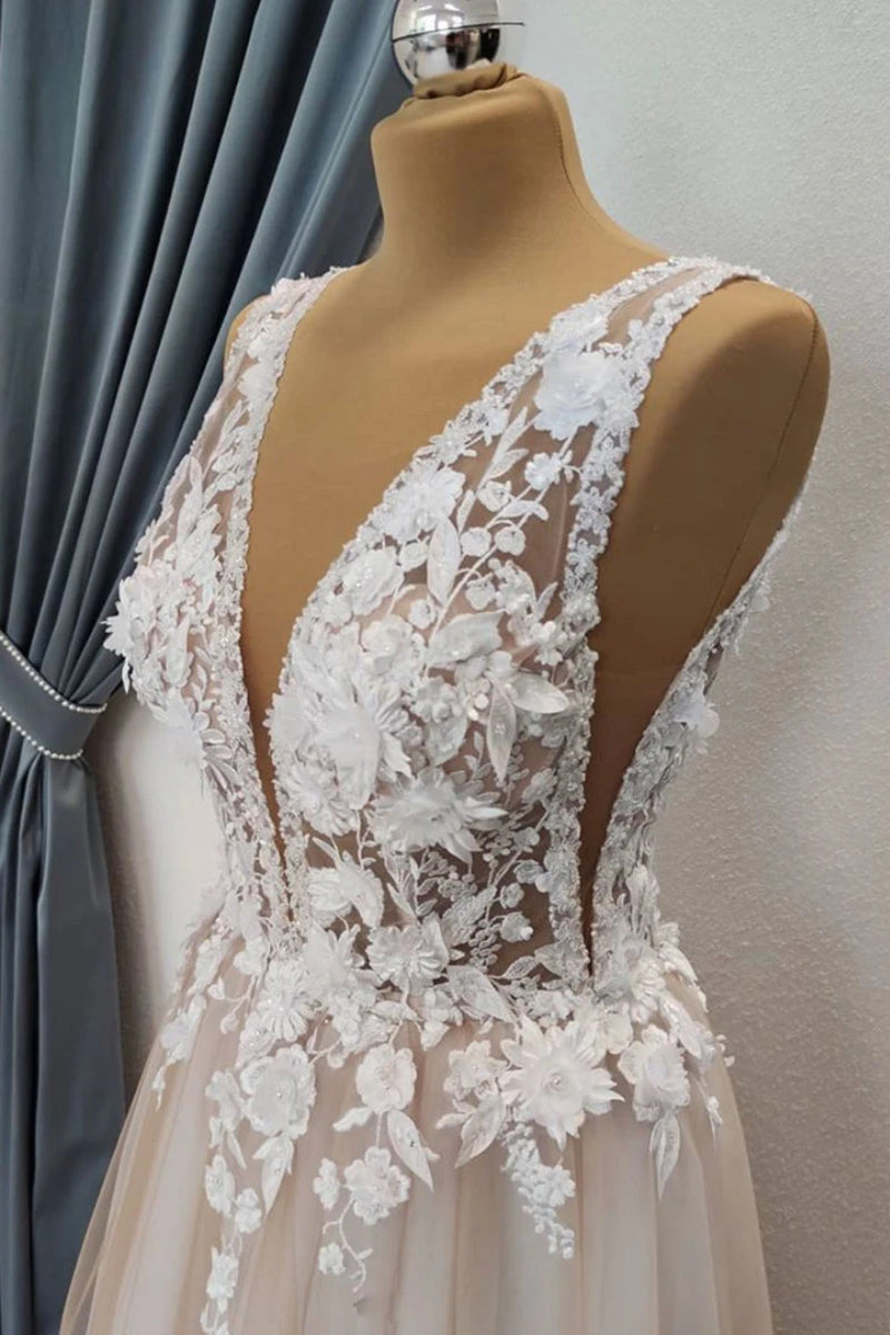 Unthony - A Line V Neck Appliques White Lace Champagne Prom Dress