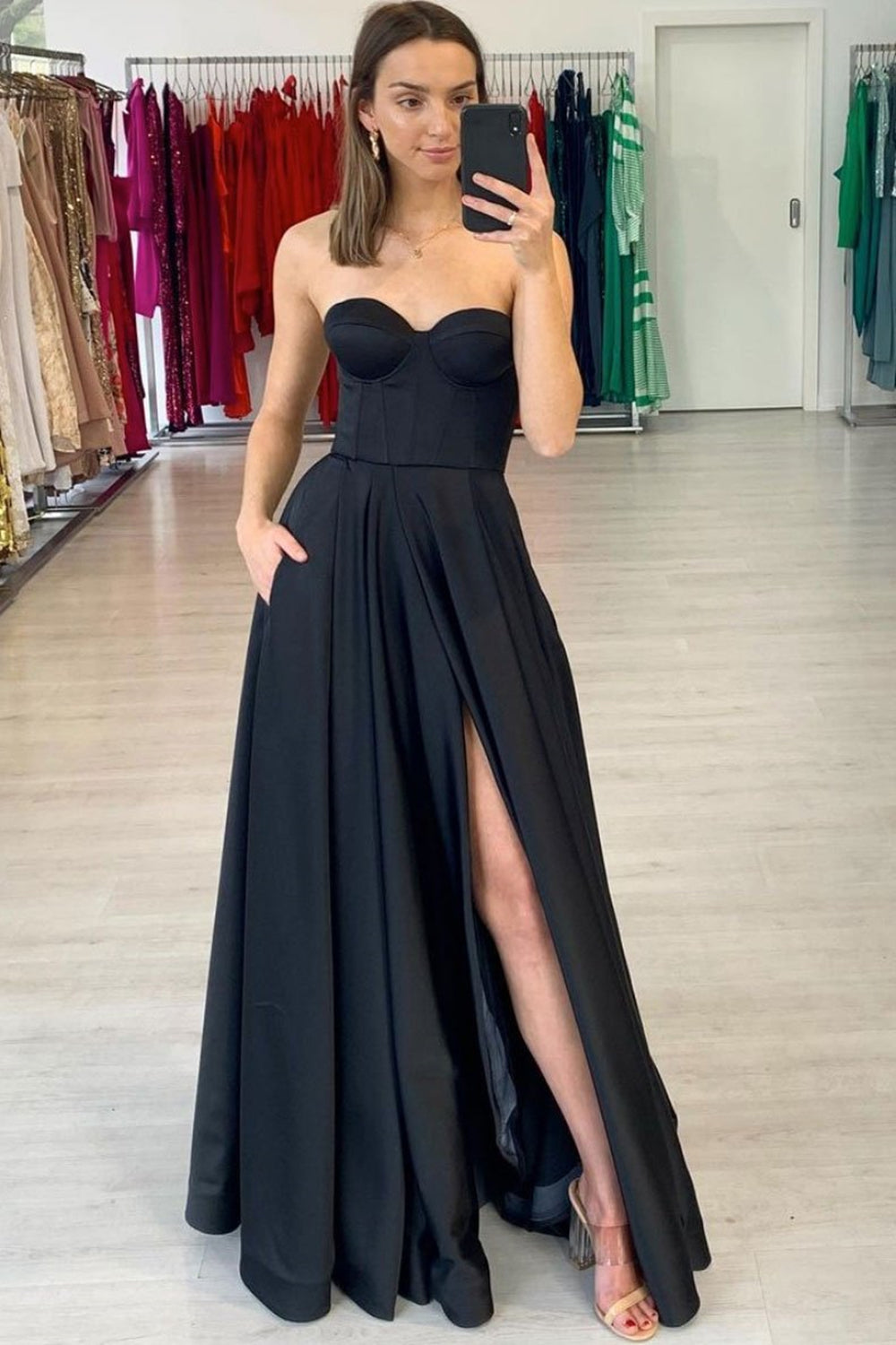 Unthony - Strapless Black Satin Long Prom Dress with Side Slit