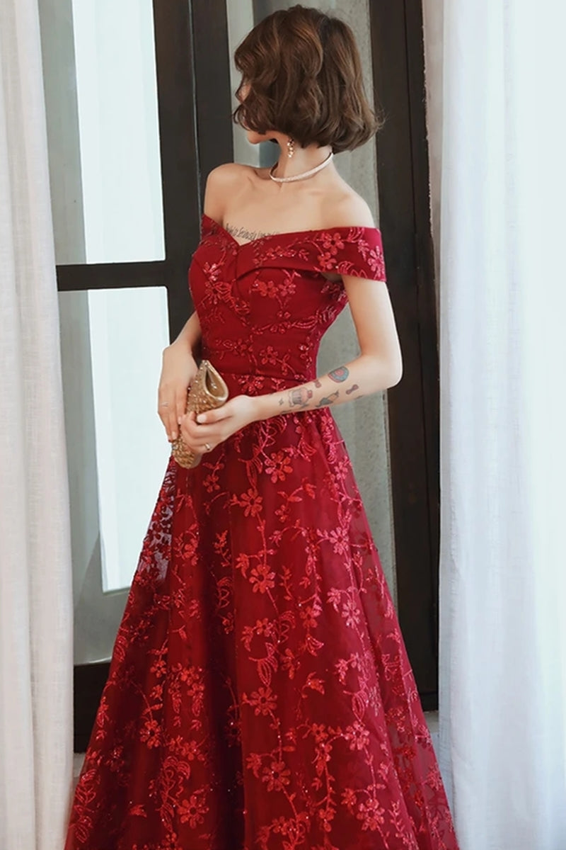 Unthony - Off Shoulder Burgundy Lace Appliques Long Prom Dress