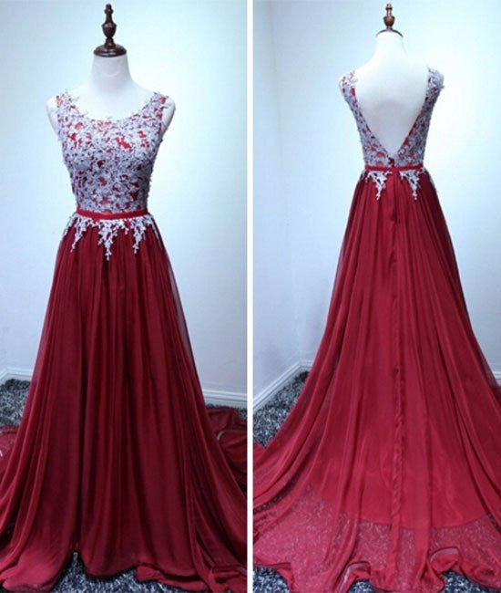 Unthony - A Line Open Back Lace Burgundy Prom Dresses