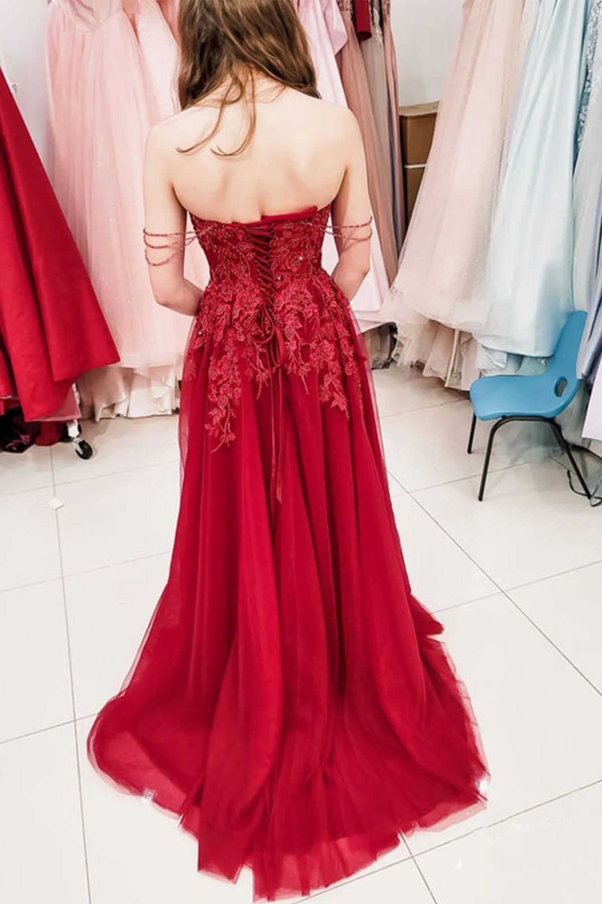Unthony - Elegant Off Shoulder Burgundy Lace Long Prom Dress with High Slit
